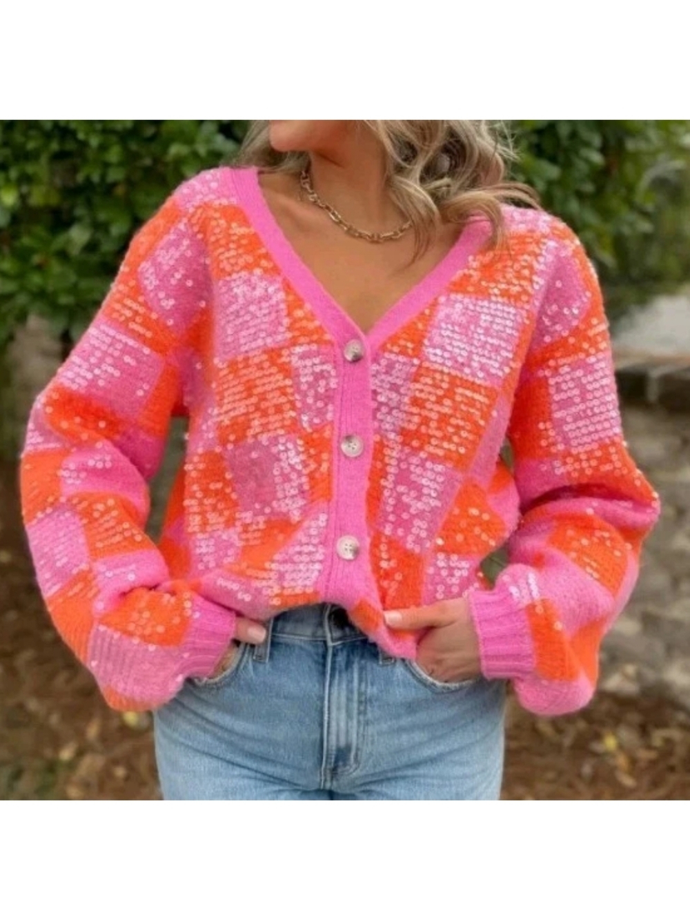 Bibi V-Neck Cardigan Sweater Sz XL Pink Orange Checkerboard Clear Sequined Nwt - Picture 3 of 12